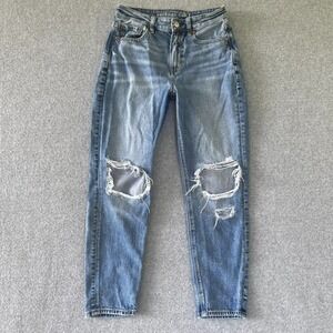 American Eagle Jeans Womens 2 Short Blue Mom High Rise Ripped Faded Denim
